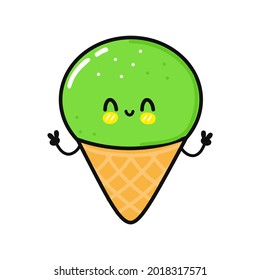 Carácter gracioso de helado de pistacho. Caricatura dibujada a mano del vector icono de ilustración del personaje kawaii. Aislado sobre fondo amarillo. Concepto de personaje de helado de pistachio

