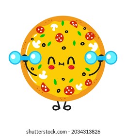 Cute funny pizza character with dumbbells. Vector hand drawn cartoon kawaii character illustration icon. Isolated on white background. Pizza character gym concept