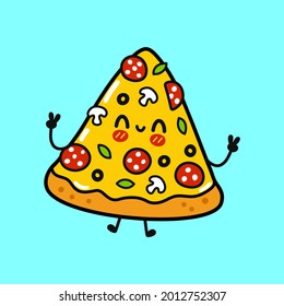 Cute funny pizza character. Vector hand drawn cartoon kawaii character illustration icon. Isolated on blue background. Pizza character concept