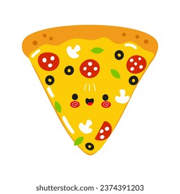 Carácter gracioso de pizza. Caricatura dibujada a mano del vector icono de ilustración del personaje kawaii. Aislado sobre fondo blanco. Concepto de personaje de Happy Pizza