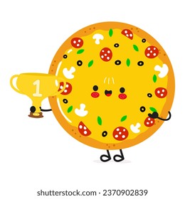 Cute funny Pizza hold gold trophy cup. Vector hand drawn cartoon kawaii character illustration icon. Isolated on white background. Pizza with winner trophy cup