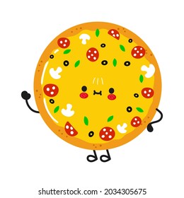 Bonito personaje de pizza huyendo de la mano. Caricatura dibujada a mano del vector icono de ilustración del personaje kawaii. Aislado sobre fondo blanco. Concepto de personaje de pizza