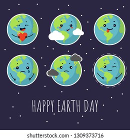 Cute funny planet Earth emoji showing different emotions set of colorful characters vector Illustrations. Happy earth day celebration clip art.  
