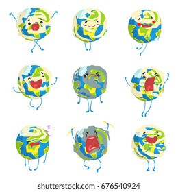 Cute funny planet Earth emoji showing different emotions set of colorful characters vector Illustrations isolated on white background