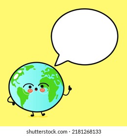 Cute funny planet Earth with speech bubble. Vector hand drawn cartoon kawaii character illustration icon. Isolated on yellow background. Happy planet Earth character concept