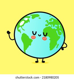 El gracioso planeta Tierra ondeando mano. Caricatura dibujada a mano del vector icono de ilustración del personaje kawaii. Aislado sobre fondo amarillo. Concepto del personaje de la Tierra del planeta feliz