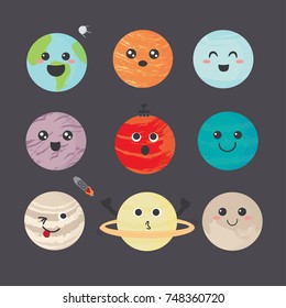 Cute and funny planet laughing and smiling. Vector illustration with the universe, planets and stars in flat design. cute space object set for baby fashion.