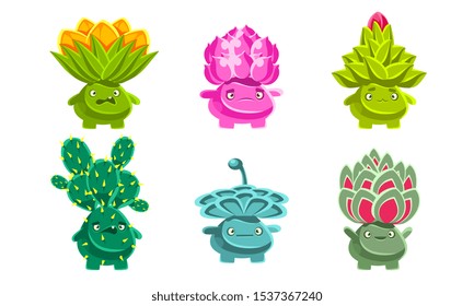 Cute Funny Plants Characters Set, Friendly Fantasy Succulents and Cactuses with Various Emotions, Mobile or Computer Game User Interface Assets Vector Illustration