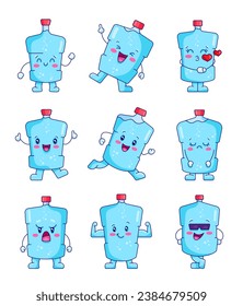 Cute funny plastic bottle characters. Cartoon kawaii water with arms and legs. Hand drawn style. Vector drawing. Collection of design elements.
