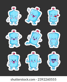 Cute funny plastic bottle characters. Sticker Bookmark. Cartoon kawaii water with arms and legs. Hand drawn style. Vector drawing. Collection of design elements.