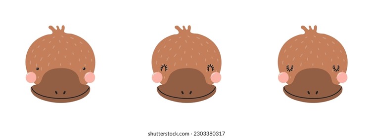 Cute funny platypus faces illustrations set. Hand drawn cartoon character. Scandinavian style flat design, isolated vector. Kids print element, poster, card, wildlife, nature, baby animals