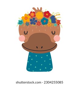 Cute funny platypus in floral wreath, t-shirt. Hand drawn cartoon character illustration. Scandinavian style flat design, isolated vector. Kids print element, flower crown, summer blooms, blossoms