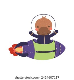 Lindo divertido ornitorrinco nave espacial voladora, cohete ilustración de personajes de dibujos animados. Animal dibujado a mano, diseño plano de estilo escandinavo, vector aislado. Elemento de impresión para niños, aventura espacial, viajes, ciencia