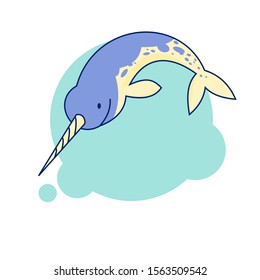Cute funny playful narwhal pointing his tusk. Flat vector illustration isolate on white background.