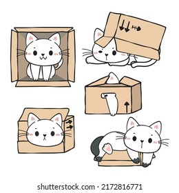 cute funny playful white kitty cat in cardboard boxes collection, adorable cartoon cat pet animal hand drawn vector