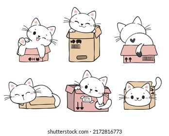 lindo y divertido gatos gatitos blancos juguetones en la colección de cajas de cartón, adorable gato de dibujos animados mascota de mano animal vector