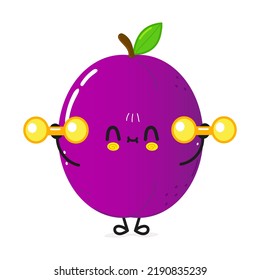 Cute funny plum character with dumbbells. Vector hand drawn cartoon kawaii character illustration icon. Isolated on white background. Happy plum character gym concept