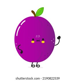 Cute funny plum waving hand character. Vector hand drawn cartoon kawaii character illustration icon. Isolated on white background. Happy plum character concept