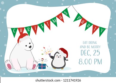 cute funny polar bear and penguin christmas party invitation eps10 vector invitation