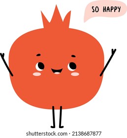 Cute funny pomegranate character with face vector flat cartoon illustration isolated. Vector t-shirt design for kids with so happy text. Summer vibes
