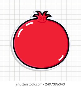 Linda pegatina divertida de la fruta de granada. Icono de ilustración de personaje kawaii de dibujos animados dibujado a mano de Vector. Aislado sobre fondo. Concepto de personaje de tarjeta de fruta de granada