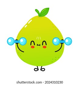 Cute funny pomelo with dumbbells. Vector hand drawn cartoon kawaii character illustration icon. Isolated on white background. Pomelo gym concept