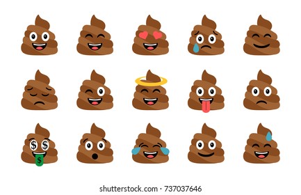 Cute funny poop set. Emotional shit icons. Happy emoji, emoticons. Smiling faces symbols. Vector illustration.