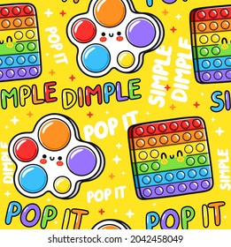 Cute funny Pop it,simple dimple sensory toy game seamless pattern.Vector hand drawn cartoon kawaii character illustration logo.Pop it,popit,antistress simple dimple toy seamless pattern doodle concept