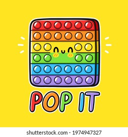 Cute funny Pop it popit fidget sensory toy logo design. Vector hand drawn cartoon kawaii character illustration icon.Pop it popit fidget kids sensory toy quotes cartoon character logo template concept