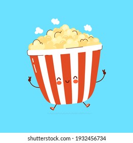 Cute funny Popcorn character concept. Vector hand drawn cartoon kawaii character illustration logo icon. Isolated on blue background.Cute cartoon pop corn bucket,Popcorn,food character logo concept