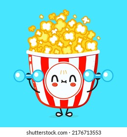 Cute funny popcorn character with dumbbells. Vector hand drawn cartoon kawaii character illustration icon. Isolated on blue background. Happy popcorn character gym concept