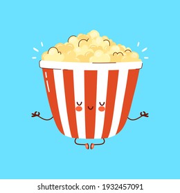 Cute funny Popcorn meditate in yoga pose. Vector hand drawn cartoon kawaii character illustration icon. Isolated on white background. Popcorn meditate concept