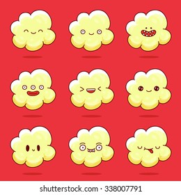 Cute and funny popcorn on a red background. Vector icons, hand-drawn.