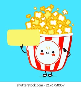 Cute funny popcorn poster character. Vector hand drawn cartoon kawaii character illustration. Isolated blue background. Popcorn poster