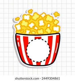 Cute funny Popcorn sticker. Vector hand drawn cartoon kawaii character illustration icon. Isolated on background. Happy Popcorn card character concept