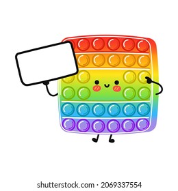 Cute lustigen Popit (pop it) mit Poster. Vektorhandgezeichnete Cartoons kawaii Zeichentricksymbol. Einzeln auf blauem Hintergrund. Popit-Thinkkonzept