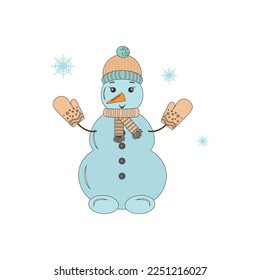 Cute funny postcard of a snowman on a white background. Funny cartoon character. Vector design template. Festive Christmas background.