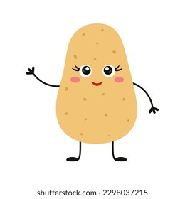 Cute and funny potato character waving and smiling. Farm or fresh organic vegetables theme. Vector illustration isolated on white background. 