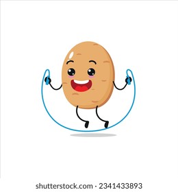  Cute and funny potato doing jumping rope. Vegetable doing fitness or sports exercises. Happy character working out vector illustration.