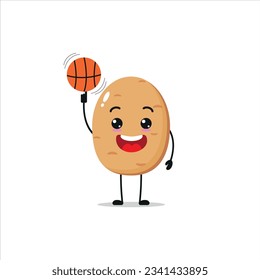 Cute and funny potato play basketball. Vegetable doing fitness or sports exercises. Happy character working out vector illustration.