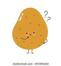 Carácter humorístico de papa con signo de interrogación. Caricatura dibujada a mano del vector icono de ilustración del personaje kawaii. Aislado sobre fondo blanco. Concepto de personaje de dibujos animados orgánicos de la papa