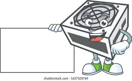 Cute funny power supply unit white color cartoon character having a board
