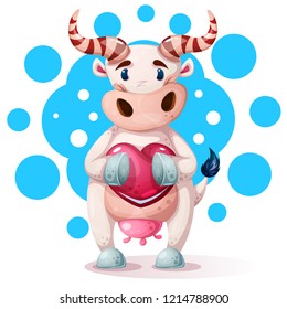 Cute, funny, pretty cow characters with heart. Vector eps 10
