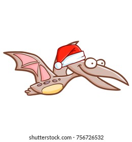 Cute and funny pteranodon wearing Santa's hat and smiling - vector.