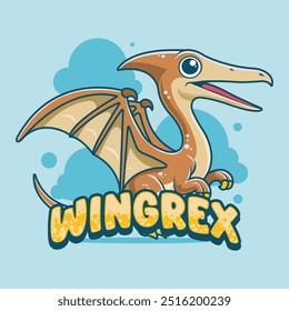 Divertido lindo personaje de dinosaurio de pterodáctilo en diseño de ilustración de dibujos animados de Vector dibujado a mano para pegatina, insignia, parche, Anuncio, tarjeta de felicitación, invitación