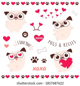 Cute and funny pug characters and love themed design elements. Flat style vector illustration. Isolated on white background.