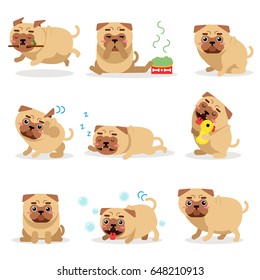 Cute funny pug dog activities during day set. Pug daily routine vector illustrations