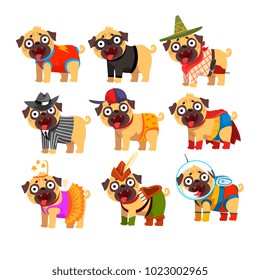 Cute funny pug dog character in colorful funny costumes set, vector Illustrations