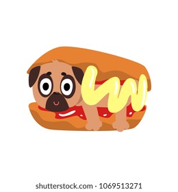 Cute funny pug dog character inside hot dog with mustard vector Illustration on a white background