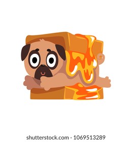 Cute funny pug dog character inside sandwich with cheese vector Illustration on a white background